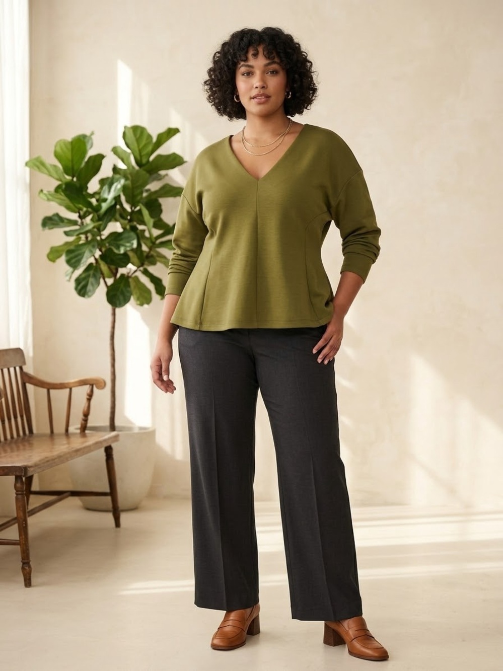H&M Olive V-Neck Long-Sleeve Top
